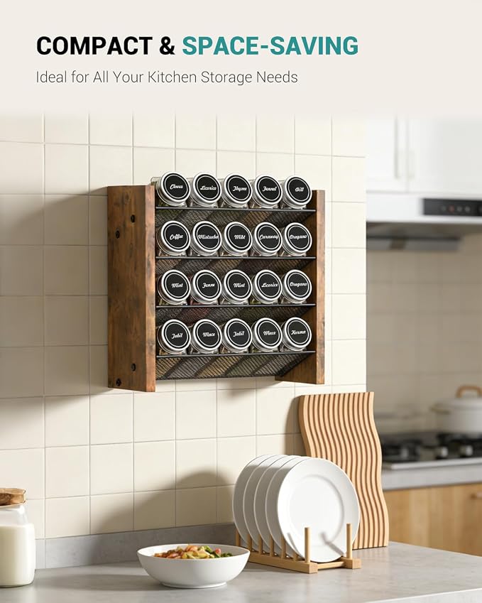NESAPTO Spice Rack Organizer with 20 Glass Spice Jars, Wood 4-Tier Seasoning Organizer with Labels for Cabinet, Pantry, Countertop or Wall Mount, Chalk Marker and Funnel Set, 10.3" W × 9.4" H - Image 6