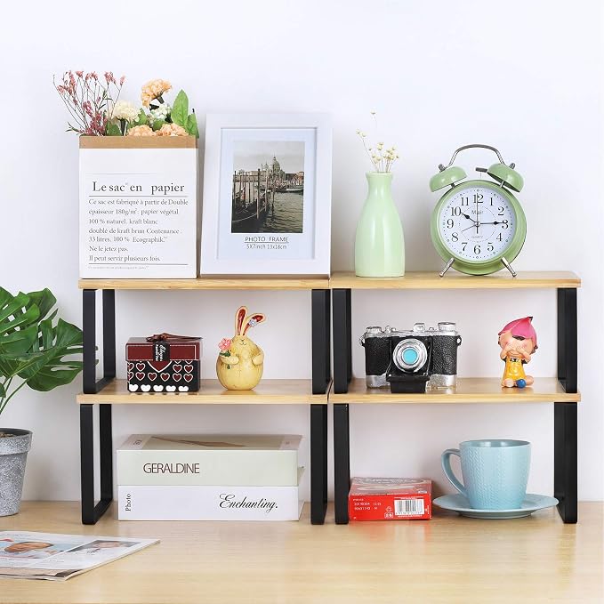 NEX Bamboo Cabinet Organizer Shelf, Kitchen Counter Shelves Set of 4 | Stackable & Expandable Spice Rack, Space-Saving Pantry Organizers Bathroom Countertop Storage, Natural and Black - Image 2