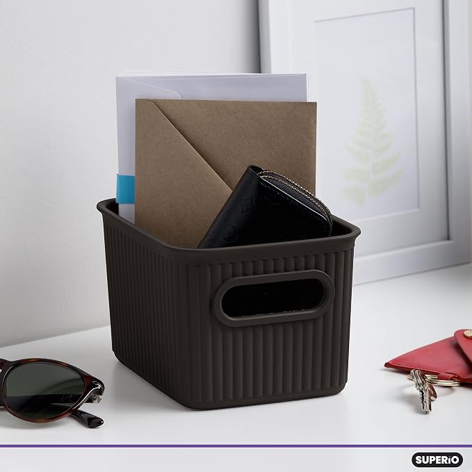 Superio Ribbed Collection - Decorative Plastic Basket Open Home Storage Bins Organizer, Brown (Set of 3) 1 Medium, 2 Small - Container Boxes for Organizing Closet Storage Bins for Shelves - Image 3