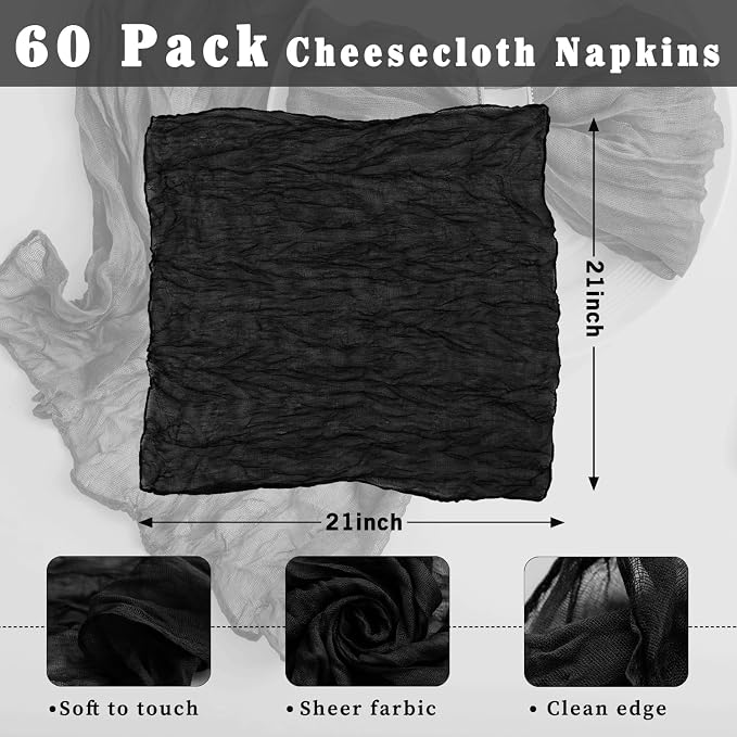 60 Pack Black Cheesecloth Napkins Washable 21x21 Inches Black Cloth Napkins Set of 60 Dinner Table Napkins for Wedding Rustic Boho Cotton Gauze Summer Bridal Baby Shower Party Table Decor - Image 7