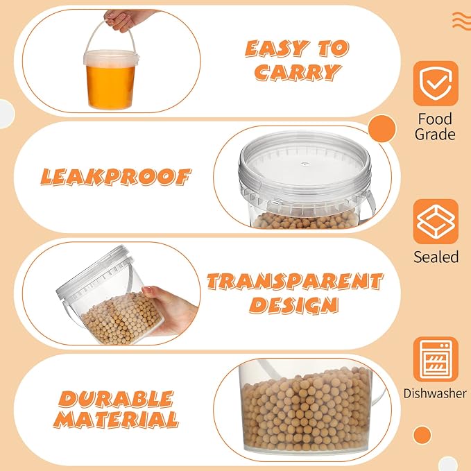 Skylety 24 Pcs Ice Cream Tub with Lid and Handle, 32oz Plastic Freezer and Microwave Safe Food Storage Containers, Airtight Pails Container for Snacks Deli Food Fruit, Leakproof Bucket (Clear) - Image 5