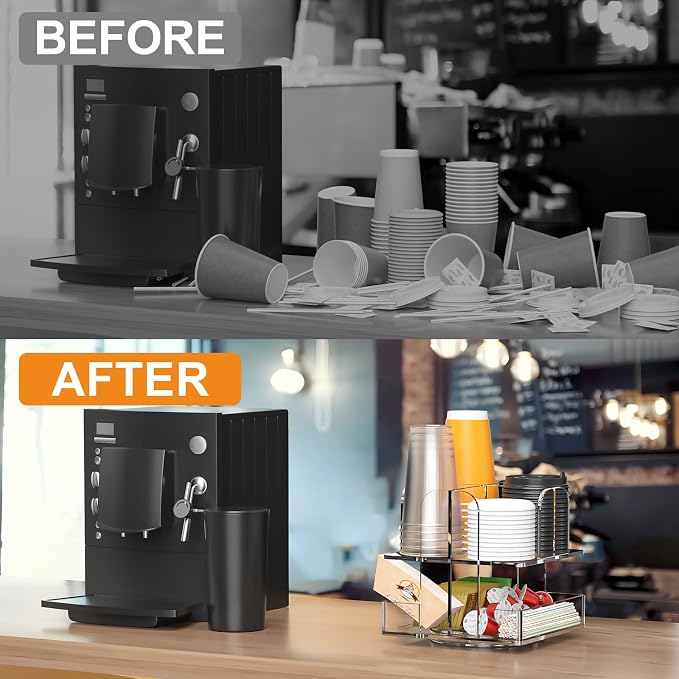Beego Rotatable 6 Compartment Clear Acrylic Cup Dispenser - Coffee Station Cup and Lid Carousel Countertop Plastic Cup Holder for Restaurant Breakroom Coffee Bar - Image 8