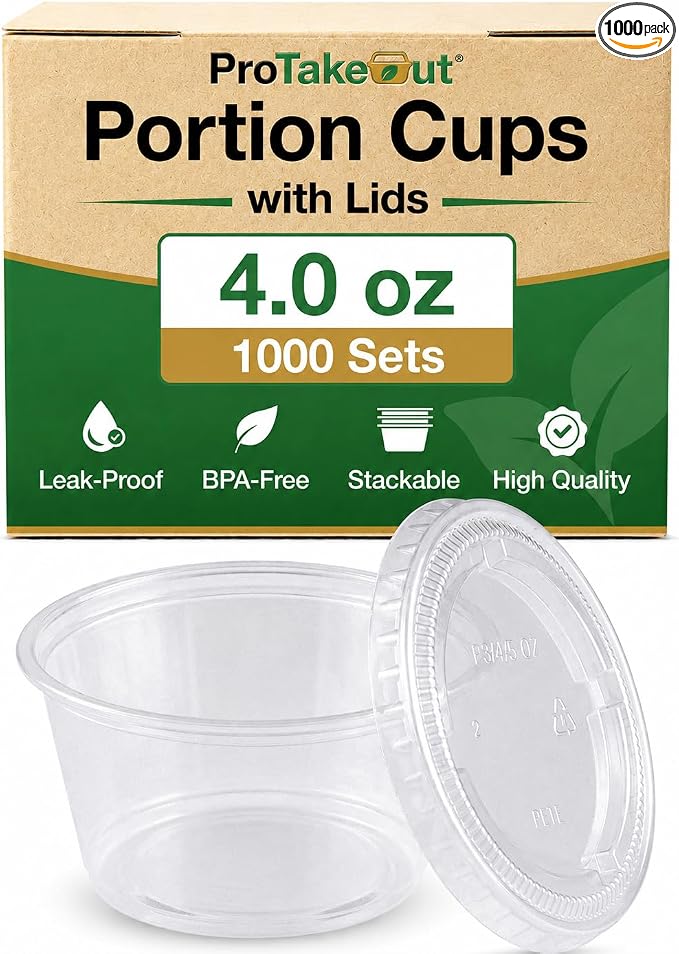 0.75-5.5 oz Plastic Portion Cups with Lids, 100-2000 Count, Dessert Cups with Lids, Jello Shot Cups with Lids, Small Plastic Cups for Salad Dressing & Condiments (1000, 4.0, ounces) by ProTakeOut