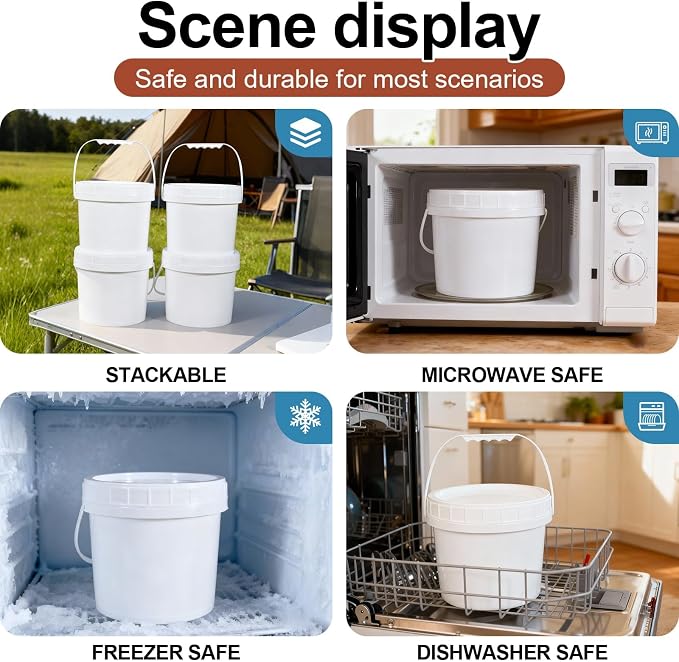 6 Pack 1 Gallon Plastic Buckets with Screw Lids & Handle, Food Grade Storage Containers for Kitchen, Freezer - Reusable White Plastic Bucket Set (White, 6pack 1Gal) - Image 6