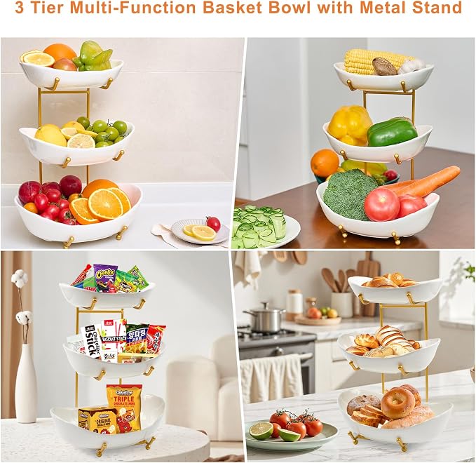 Fruit Bowl for Kitchen Counter with Gold Metal Stand | 3 Tier Fruit Holder,Tiered Fruit Basket for Fruit Vegetable Storage, Snack, Nuts, Cake, Dessert (White) - Image 7