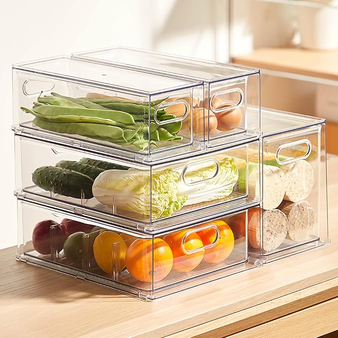 4 pack Stackable Refrigerator Organizer Bins Pull-Out Drawers for Fruit and Veggies Storage Organizer for Fridge Clear Drawer Containers with Handle Divided Organization for Produce Saver - Image 2