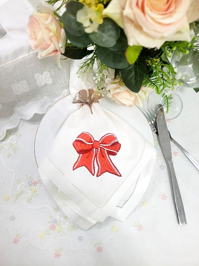 Embroidered Cloth Napkin Red Bow Cotton Napkins Set of 6, 20 x 20 Hemstitch Table Napkins, Machine Washable, for Daily & Holiday Dining, Great Gift Ideas - Image 4