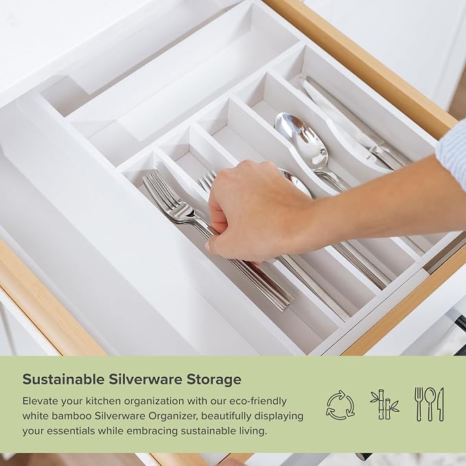 Silverware & Utensil Drawer Organizer, 10.5-19 in, White Bamboo | Cutlery, flatware, food-safe contract grade, kitchen drawer fit - Image 4