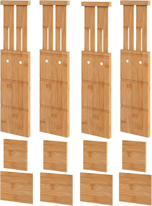 4.4" High Drawer Dividers with Inserts, Bamboo Drawer Dividers for Clothes, Expandable from 12-17.5", Adjustable drawer organizer for Bedroom, Kitchen & Office, 4 Dividers with 8 Insert. by VRICCC