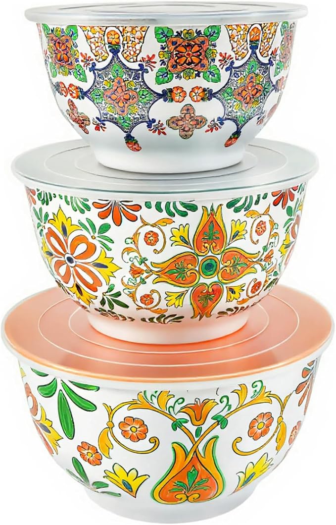 TP Melamine Mixing Bowl Set with Lids, Salad Bowl Set of 3, Aztec Bloom | Nesting Design,Break-resistant,Pasta & Salad Prep, Baking Prep, Space-saving Storage, Freezer Safe, Dishwasher Safe by TastePrime