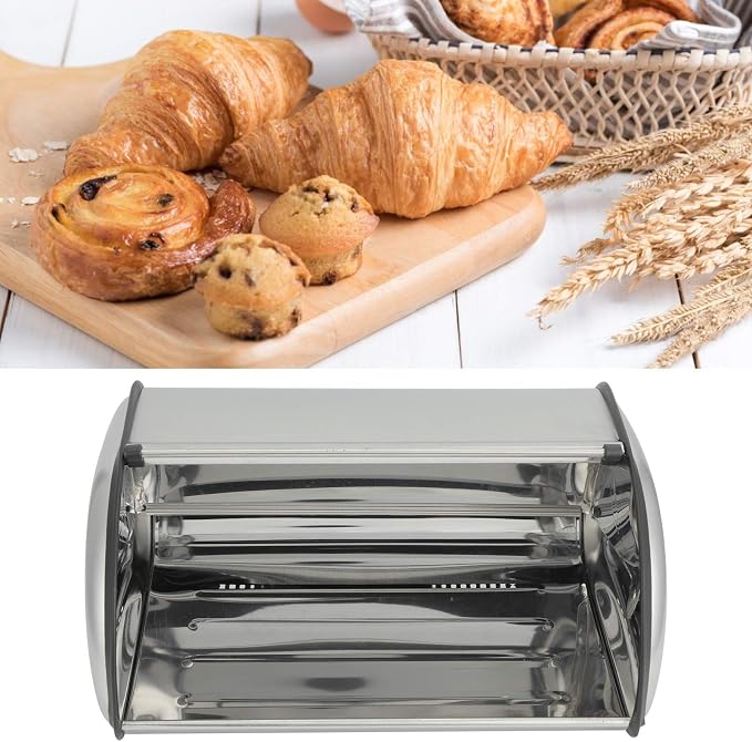 Stainless Steel Bread Box for Kitchen Countertop Bread Storage Bin with Roll Up Lid Large Capacity Bread Keeper 13x9.4x5.9inch - Image 7