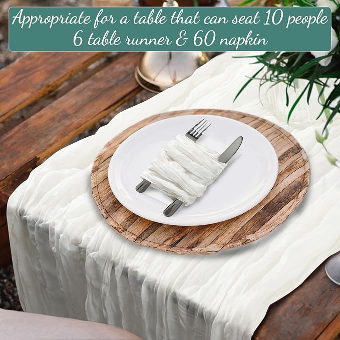 60PCS Ivory White Cheesecloth Napkins and 6PCS Table Runners Set, 19.69x19.69inch Rustic Wedding Napkins and 35x118inch Gauze Table Runner for Wedding Party Boho Table Decor - Image 7