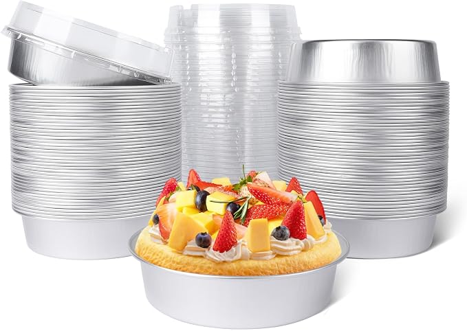 Beasea Pie Tins with Lids 8oz, 100 Pack 4 Inch Disposable Mini Creme Brulee Ramekins Silver Small Aluminum Foil Pie Tart Cake Baking Pans Individual Round Containers Oven Safe for Baking by Beasea