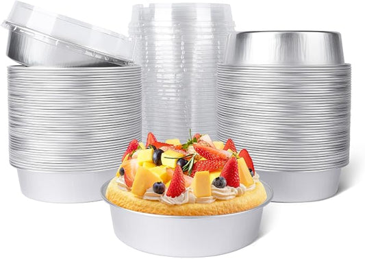 Beasea Pie Tins with Lids 8oz, 100 Pack 4 Inch Disposable Mini Creme Brulee Ramekins Silver Small Aluminum Foil Pie Tart Cake Baking Pans Individual Round Containers Oven Safe for Baking by Beasea