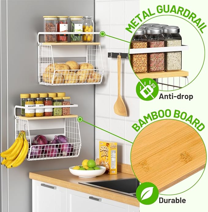 Magnetic Fridge Shelf with Wood Lid, Fruit Potato Onion Storage Bins, Pantry Organizers, Large Container Spice Rack for Refrigerator, Kitchen Counter, Cabinet (2, White) - Image 5