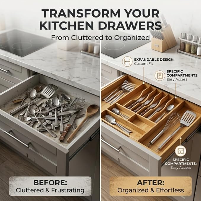 18.5"-33" Expandable Bamboo Silverware Utensil Drawer Organizer | 11-13 Deep Slots with Adjustable Dividers, Solid Bamboo Construction, Non-Slip Design - Image 6