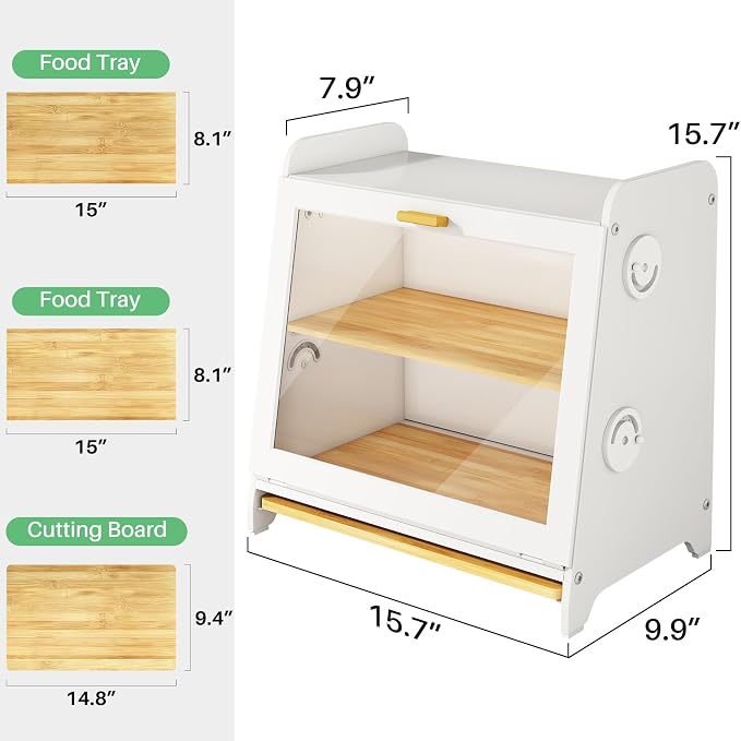 SNTD Airtight Bread Box for Kitchen Countertop, Bamboo Cutting Board, White | Adjustable Vent Hole, Sorted Storage, Natural Wood, Magnetic See-through Door, Metal Frame, Homemade Bread Storage Container - Image 2