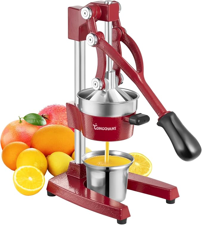 TONGCHANT Cast Iron Manual Juicer for Orange Lemon Lime Pomegranate &Citrus | Heavy Duty Orange Juicer Squeezer, Hand Press Juicer, Citrus Press, Stainless Steel Cup, Easy to Clean, Red by TONGCHANT