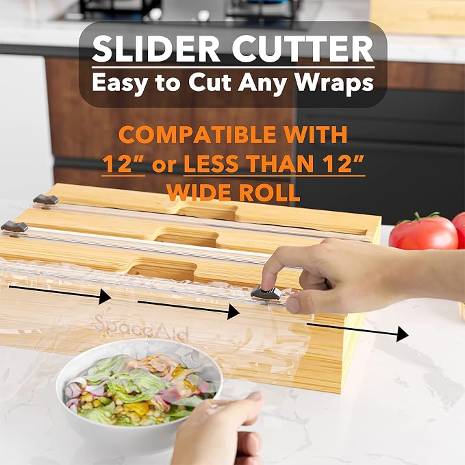 SpaceAid WrapNeat 3 in 1 Wrap Organizer with Cutter and Labels, Plastic Wrap, Aluminum Foil and Wax Bamboo Dispenser for Kitchen Storage Organization Holder for 12" Roll (Natural) - Image 5