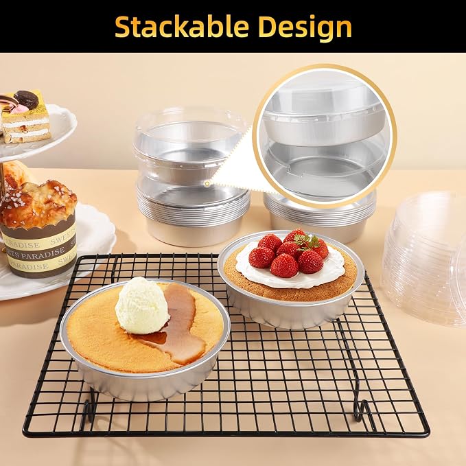 Beasea Mini Pie Tins with Lids, 20 Pack 4 Inch 8oz Disposable Creme Brulee Ramekins Silver Mini Small Aluminum Foil Pie Tart Cake Baking Pans Individual Round Containers Oven Safe for Baking - Image 6