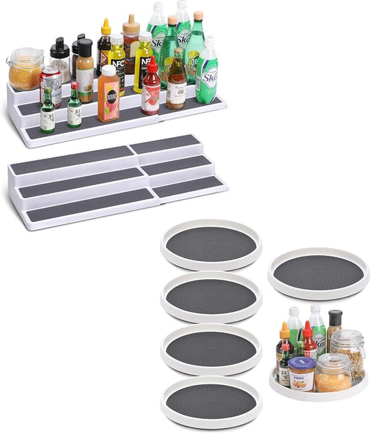 2 Pack 3 Tier Expandable Spice Rack Organizer, Set of 6, 12 Inch Non-Skid Lazy Susan Organizer for Cabinet, Pantry Organization, Kitchen Storage, Bathroom Sink Cabinet, Refrigerator, Spice Rack by CiWiVOKi