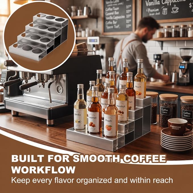 Novabright 4 Tier Coffee Syrup Rack Organizer, Stainless Steel Syrup Bottle Holder, 12 Bottles Storage Organizer for Coffee Bar, Wine Rack, Commercial Use, Home, Kitchen, Spices, 20" D x 12" W x 8" H - Image 5