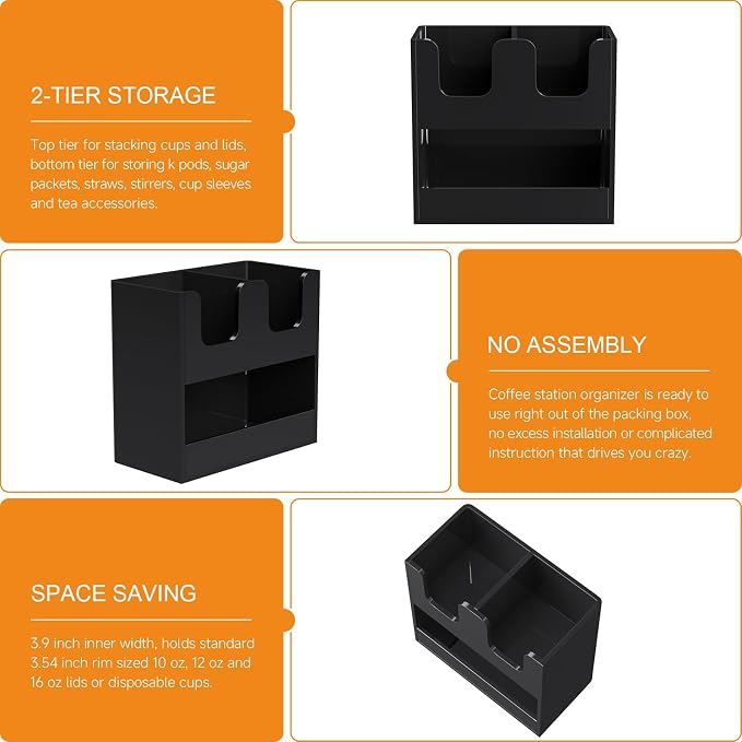 Beego 3-Compartment Cup Holder for Countertop - 2-Tier Black Acrylic Cup Dispenser Coffee Station Paper Cup and Lid Organizer Condiment Storage for Restaurant Breakroom Kitchen Bar Accessories - Image 8