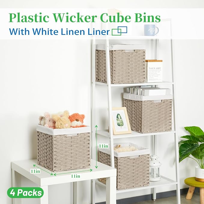 Bidtakay Wicker Storage Baskets for Organizing 4-Pack Hand-Woven Imitation Wicker Cube Storage Bins with Liners for Shelves Closet Cabinet 11x11 Waterproof Cube Organizer for Pantry-Greyish Beige - Image 2