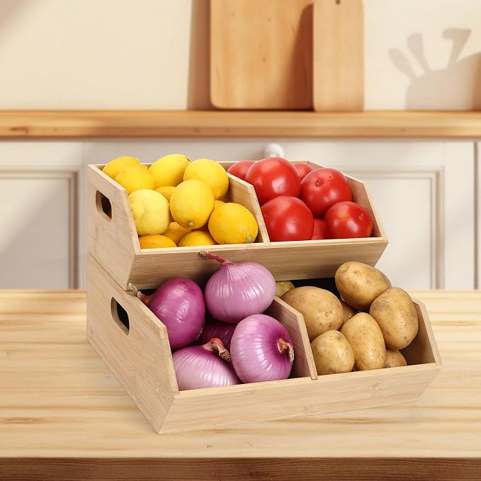 Bamboo Pantry Organizers and Storage Bins, 2 Set Stackable Baskets for Vegetables, Potatoes, Onion, Garlic, Bread - Bamboo Kitchen Containers for Pantry Drawer, Counter, Cabinet - Image 6