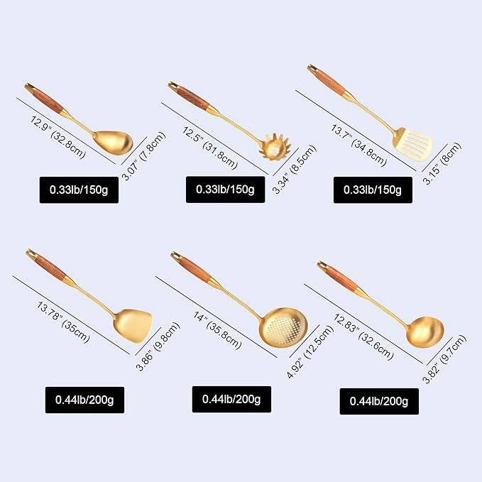 Gold Kitchen Utensils Stainless Steel with Wooden Handle 6 PCS | Food Grade 304,Anti-scald,12.5-14",Hanging Hole;Great Choice for Gifts - Image 7