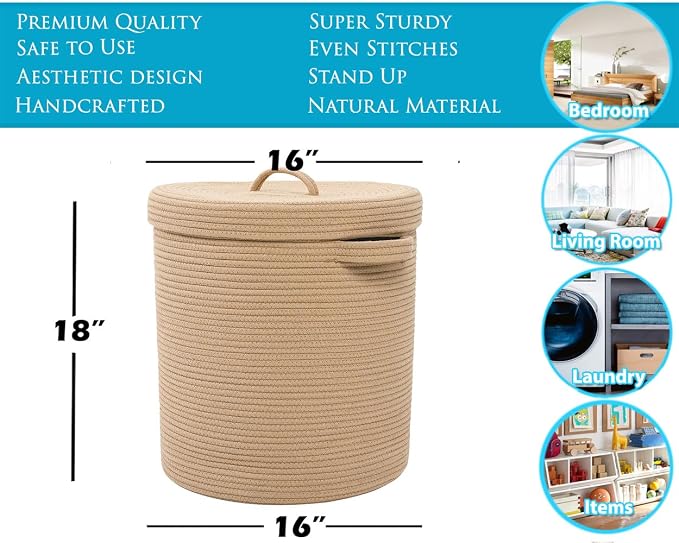 16x18 Inch Extra Large Round Cotton Rope Storage Basket with Lid, Decorative Woven Bin with Cover for Living Room Bedroom Closet, Beige - Image 2