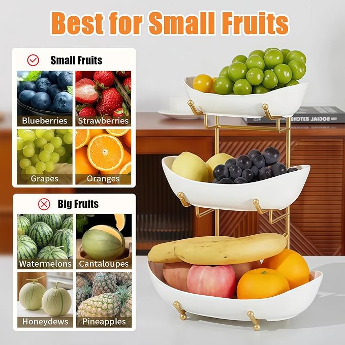 Ceramic Fruit Bowl for Kitchen Counter - 3 Tier Fruit Basket with Metal Stand, Tiered Fruit Stand for Countertop, Snack, Nuts, Cake, Dessert, Cute (Gold, Large) U3 - Image 4