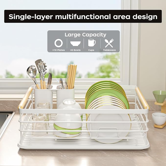 Dish Racks for Kitchen Counter: Wooden Handles, Thickened Metal, No Assembly. Small Dish Drying Rack: Ideal for Small Households. Drying Rack Kitchen: White - Image 2