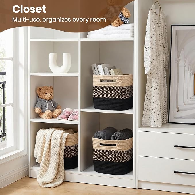 Storage Baskets for Organizing, 14 x 10 x 9” Closet Shelf Woven Baskets, Square Bins with Handles, Cotton Rope Basket for Clothes, Office, Room, Black+Brown 4 Pack - Image 4