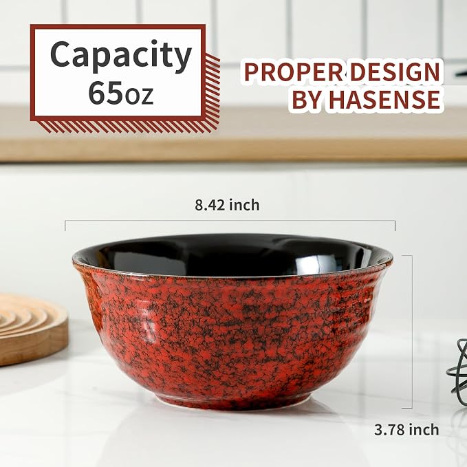 Hasense Ceramic Salad Bowl, 60 Ounces Large Serving Bowls, 8.5 Inch Soup Bowls Set of 2, Pasta Bowls for Ramen, Pho, Fruit, Housewarming, Wedding Gifts, Microwave Dishwasher Safe, Red - Image 3