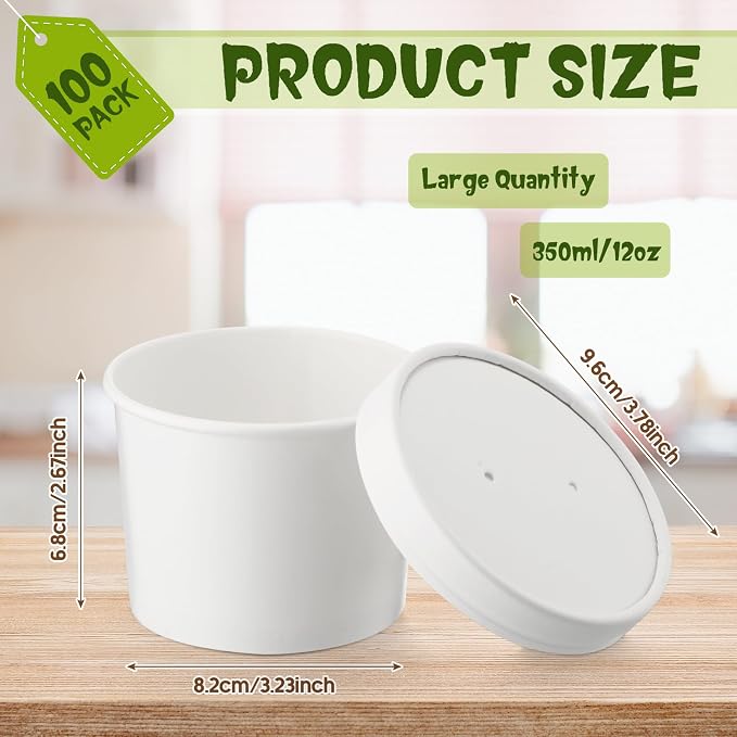 Fulmoon 100 Pack Paper Soup Containers with Lids Disposable Paper Food Containers with Vented Lid Kraft Ice Cream Cake Dessert Cups Soup Bowl for Party Hot Food Fruit Microwave(12 oz,White) - Image 2