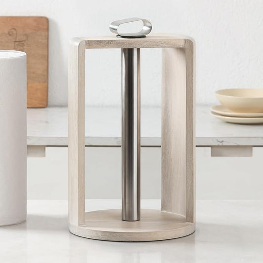 Anji Mountain Wooden Paper Towel Holder with Metal Holder, Holder Stand for Kitchen Roll Organizer & Kitchen Dining Table Home Décor, Countertop Fits Jumbo & Mega Rolls - Whitewash/Nickel, Top Load by AnjiMountain