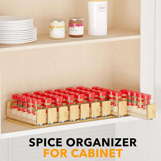 SpaceAid Bamboo Pull Out Spice Rack Organizer for Cabinet, Heavy Duty Slide Out Seasoning Kitchen Pantry Sliding Vertical Organization, 7.6" Wide, 3 Drawers(2" Wide), 1-Tier, Natural - Image 6