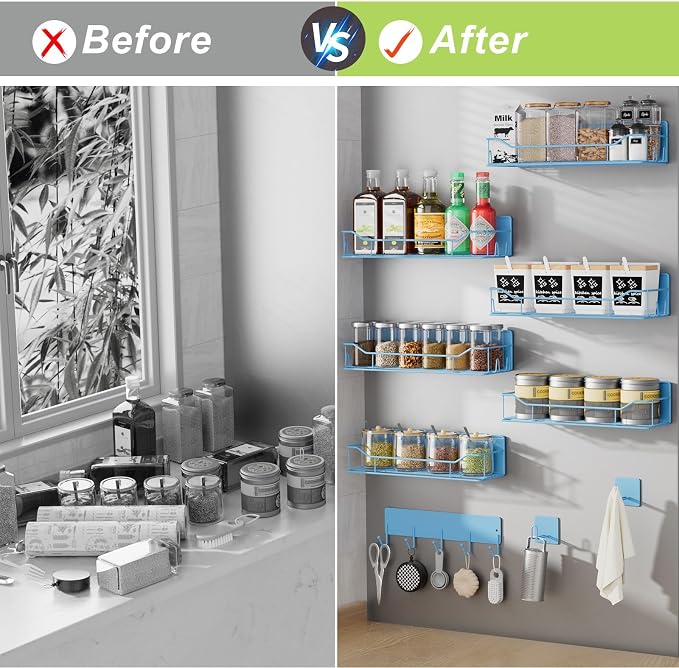 Magnetic Spice Rack for Refrigerator, 9 Pack Magnetic Fridge Shelves W/Adjustable Paper Towel Holder, Hook Rack, Moveable Spice Organizer Shelf for Kitchen Organization and Storage (Blue) - Image 5