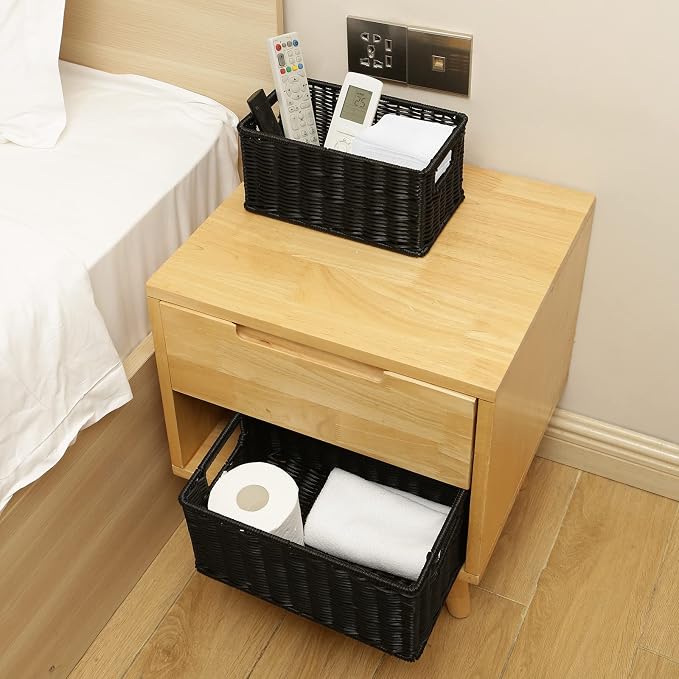 HOONEX Wicker Baskets for Storage, Plastic Baskets for Organizing with Dual Handles, Woven Baskets for Storage, Set of 2, Black - Image 2