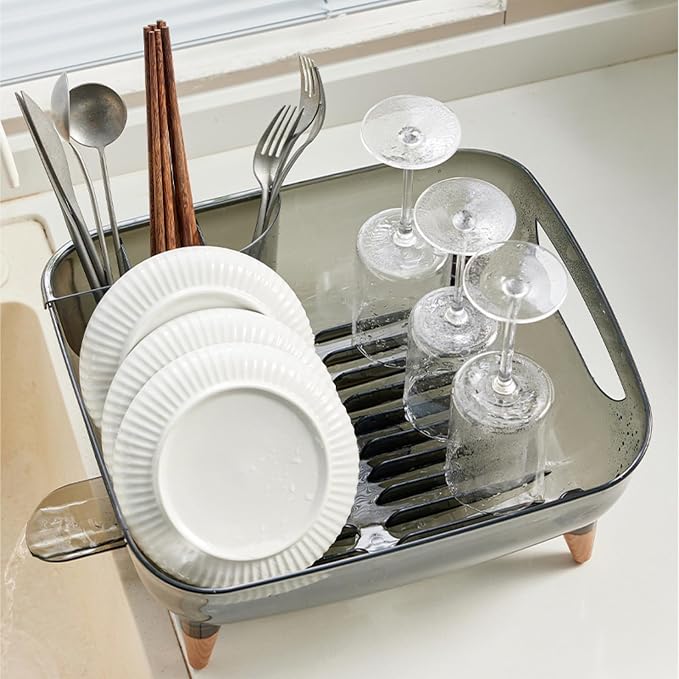 Dish Rack, Dish Drying Rack for Kitchen Counter, Dish Drainer with Drainboard Set and Utensil Holder, Sink Drying Dish Strainer Rack (Transparent Black) by DoubleWinT