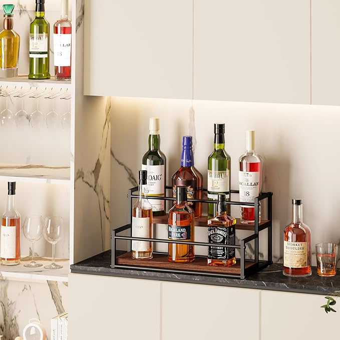 THYGIFTREE Liquor Bottle Display Shelf, 2 Tier Coffee Syrup Rack Organizer & Bar Shelf Stand for Liquor, Whiskey, Olive Oil, Kitchen Counter & Home Bar Storage - Image 5