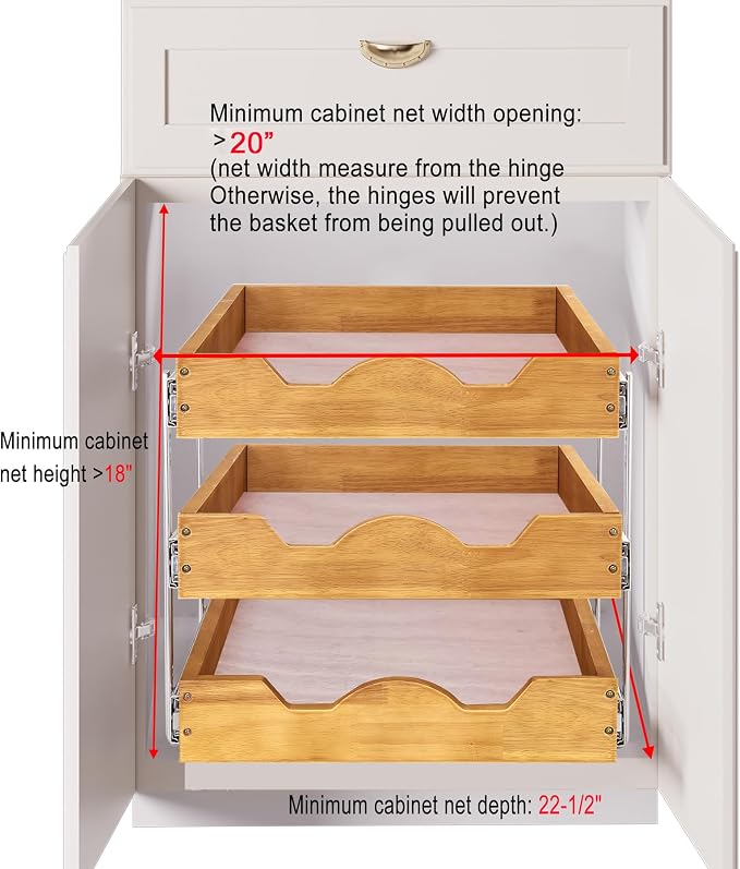 DINDON 3 Tier Pull Out Cabinet Organizer 20”W X21”D Slide Out Shelves With Shelf Liner for Kitchen Wood Roll Out Drawers Pantry Organization - Image 3