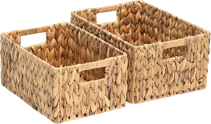 FairyHaus Wicker Baskets 15x11x7 & 13.4x9.5x6.5, 2 Pack Handmade Big Wicker Storage Basket with Handles, Natural Water Hyacinth Wicker Baskets for Storage Shelves Organizing, Rectangle Wicker Basket by FairyHaus