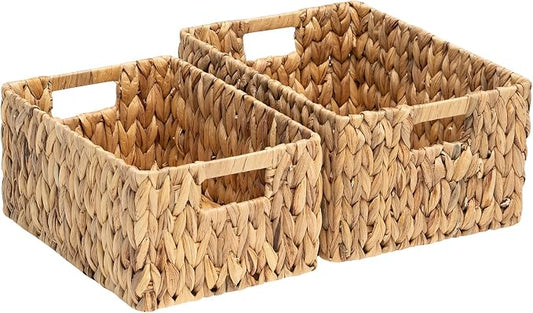 FairyHaus Wicker Baskets 15x11x7 & 13.4x9.5x6.5, 2 Pack Handmade Big Wicker Storage Basket with Handles, Natural Water Hyacinth Wicker Baskets for Storage Shelves Organizing, Rectangle Wicker Basket by FairyHaus