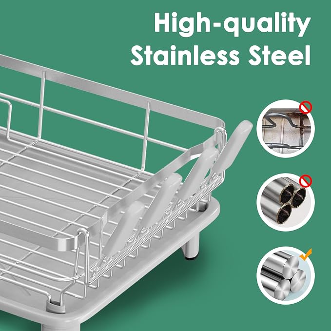 MOUKABAL Stainless Steel Dish Drying Rack for Kitchen Counter, Grey Silver | 13×17 Large Capacity/Drainboard with Rotating Spout/Removable Cup & Utensil Holders/Fast Drainage/Countertop Dish Drainer - Image 3