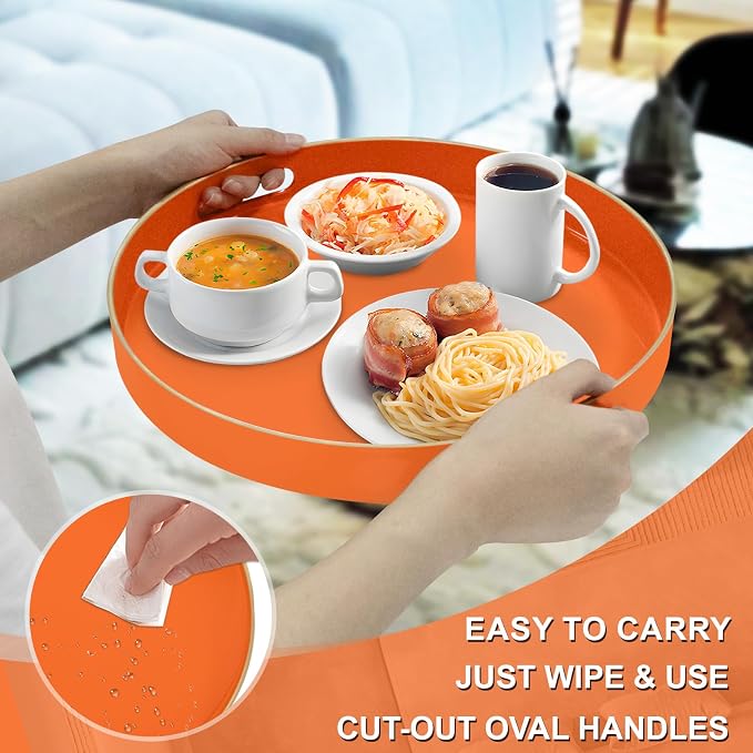 13" Orange Decorative Tray, Plastic Round Serving Tray with Handles | Decorative Tray for Coffee Table, Modern Ottoman Tray, Circle Tea Tray, Round Melamine Tray for Living Room, Bathroom - Image 4