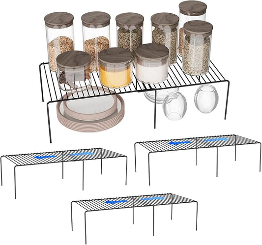 4Pack Expandable Storage Shelf, 13.5"~23" L x 9.4" W x 5.5" H, Black | Adjustable Rustproof Metal Wire Spice Rack, Space Saver Kitchen Storage Shelves for Pan, Pot, Countertop, Drawer, Fridge by DPZM