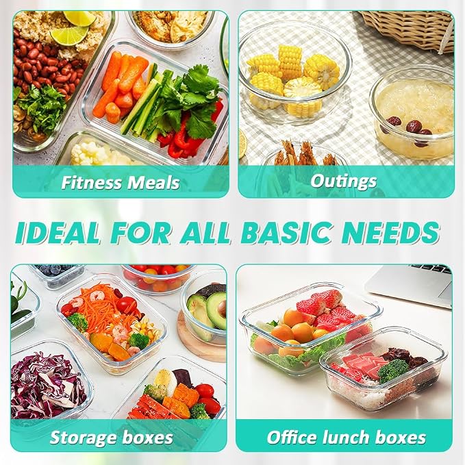 VERONES 12 Packs Glass Food Storage Containers Set with Lids, Green | Airtight Glass Lunch Containers, Glass Meal Prep Containers with Lids, for Microwave, Oven, Freezer & Dishwasher Friendly - Image 6