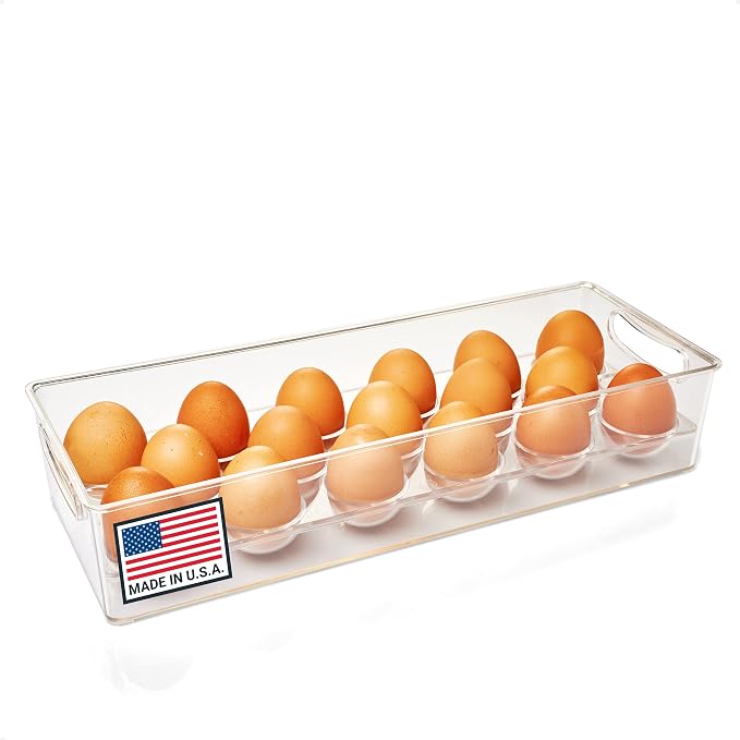 Pikanty Egg Holder for Refrigerator with Removable Tray - Holds 17 Eggs, Clear Plastic Container with Pull Handles for Bulk Eggs, Farm Fresh, Backyard Chickens, Dishwasher Safe, Made in USA by Pikanty
